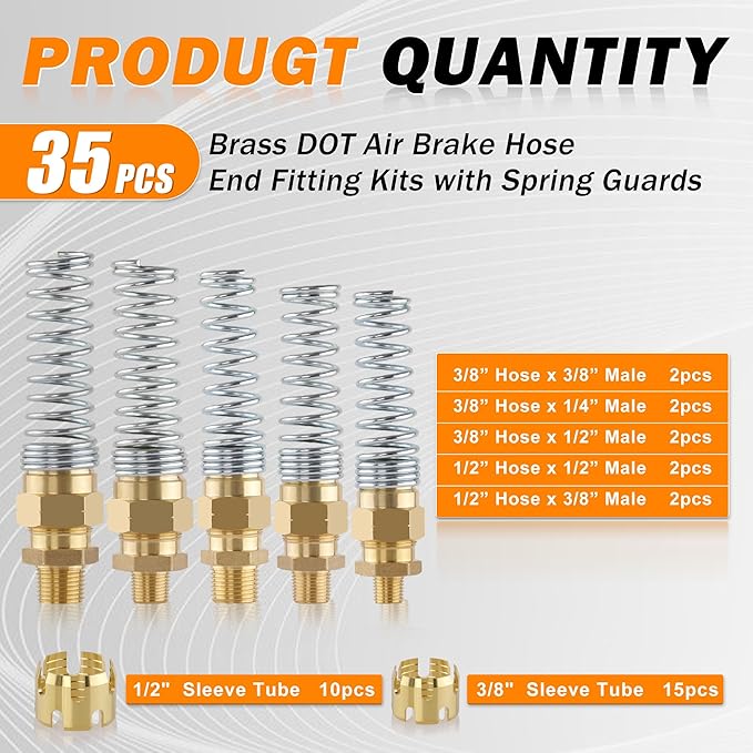 35PCS Brass DOT Air Brake Hose End Fitting Kit,5 Types Male Connector with Spring Guard, Air Brake Fitting & Sleeve Tube Assortment Kit for industrial use or trucks trailers