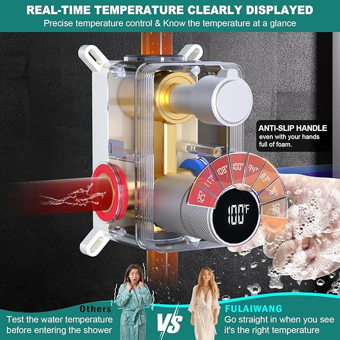 2 Way Shower Diverter Mixing Valve with Trim Kit, Digital Shower Brass Valve Body Temperature Display Mixer for Shower Faucets, Brushed Nickel