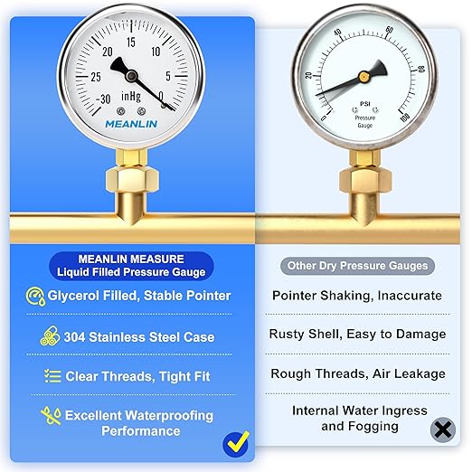 MEANLIN MEASURE -30~0Psi Stainless Steel 1/4" NPT 2.5" FACE DIAL,Vacuum Liquid Filled Pressure Gauge,Single Scale, WOG Water Oil Air Lower Mount, with 1/4" x 1/2" NPT and 1/4" x 3/8" NPT Hex Bushing