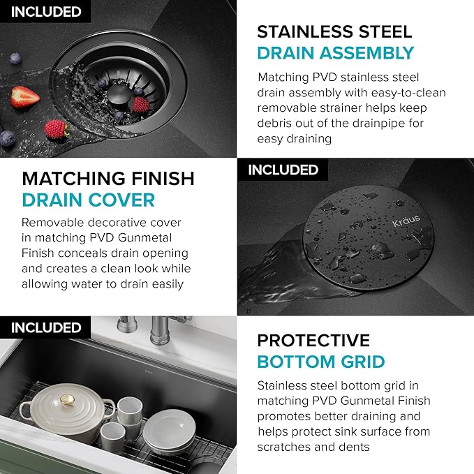 KRAUS Kore Workstation 33-inch Farmhouse Apron Front 16 Gauge Black Stainless Steel Single Bowl Kitchen Sink in PVD Gunmetal Finish with Accessories, KWF210-33/PGM