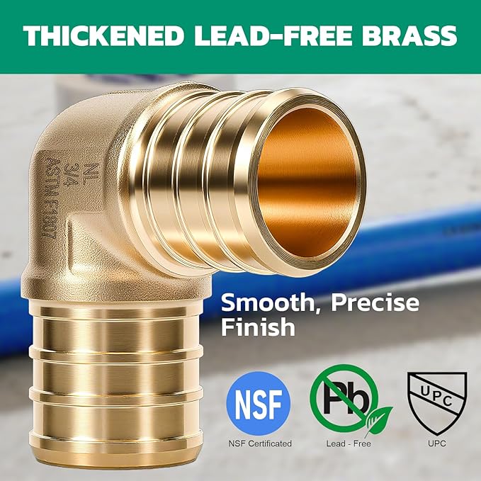 PEX Fittings 3/4 Inch, 12PCS Elbow Lead-Free Brass Connectors for PEX B Pipe, NSF UPC Certified, ASTM F1807, Compatible with Crimp/Clamp Rings (Hot/Cold Water, Hydronic Heating)