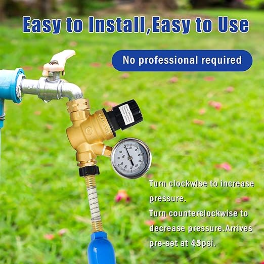 Hourleey RV Water Pressure Regulator, Adjustable Handle Brass Water Pressure Regulator, Water Pressure Reducer with Gauge and Inlet Screened Filter for RV Camper Travel Trailer
