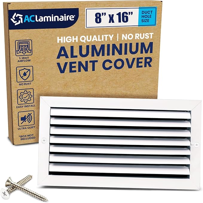 8x16 Inch (Duct Opening) Aluminum 1-Way Air Flow Vent – HVAC Vent Cover for Wall or Ceiling – Quiet HVAC Wall Register with Multi-Shutter Damper – Adjustable Curved Blade - Plastic Seal for Tight Fit