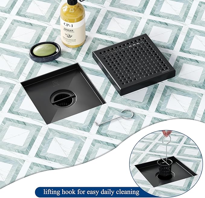 Neodrain 6 Inch Square Shower Drain with Removable Quadrato Pattern Grate, Matte Black 304 Stainless Steel Square Drain, with Watermark&CUPC Certified, Hair Strainer