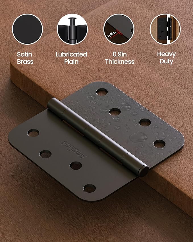 Black Door Hinges 4 Inch, 3 Pack Matte Black Heavy Duty Door Hinges with 5/8" Radius, 4" Interior and Exterior Front Door Hinge for Home, Gate, Furniture, Residential Use