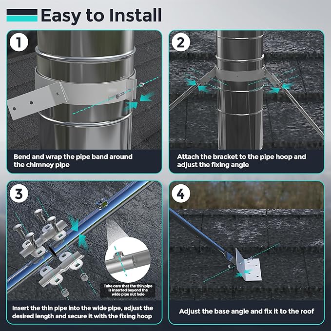 10" Extended Retractable Roof Chimney Stove Pipe Fixing Bracket, L/98", Compatible with 10" Diameter Chimney Pipe, Ensures Chimney Stability and Prevents Sway or Collapse, Silver