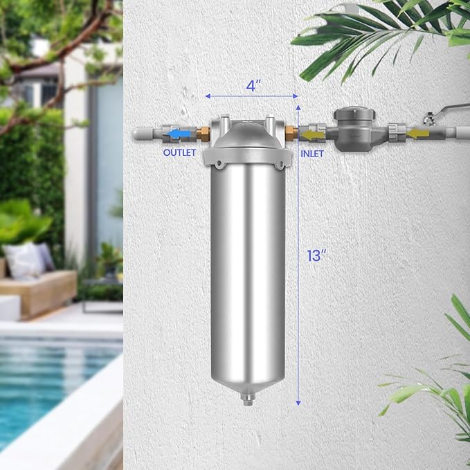 Amwater NSF/ANSI 42 Stainless Steel Whole House Water Filter Housing, 10" x 2.5" Sediment Water Filter System for Heavy Duty, Well & City Water, 1/2" NPT Port, Drain Valve Style C