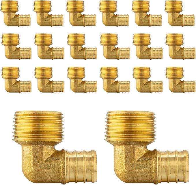 (Pack of 20) EFIELD Pex 3/4 inch x1/2 inch Male NPT Threaded Elbow Barb Crimp Brass Fittings, ASTM F1807,(PEX1807101-20PCS)