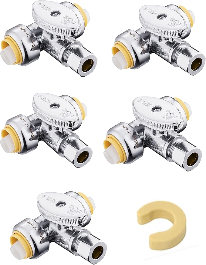 (Pack of 5) EFIELD Push Fit Tee Stop Valve 1/2" Push x 1/2" Push x 3/8" OD, 1/4 Turn, Water Shut Off Valve Chrome with a Disconnect Clip,(PF-VALVE044)