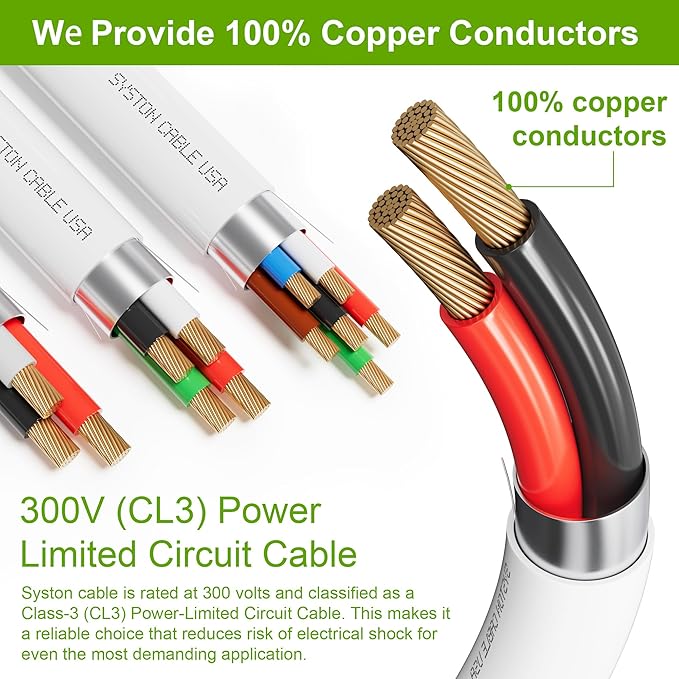Syston Cable Technology 18/3 Low Voltage Security Sound Alarm Cable 100 ft 18 AWG 3 Conductors Stranded Copper Shielded Plenum Rated CMP CL3P FPLP FT6 UV Resistant