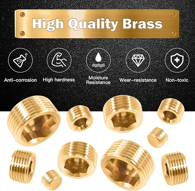 Rustak 16 Pcs Brass Pipe Plugs Assortment Set 1/8" 1/4" 3/8" 1/2" NPT Brass Pipe Fitting, Internal Hex Thread Socket Plug Kit for Water Pump Ports, Oil Sender Holes, Engine Block