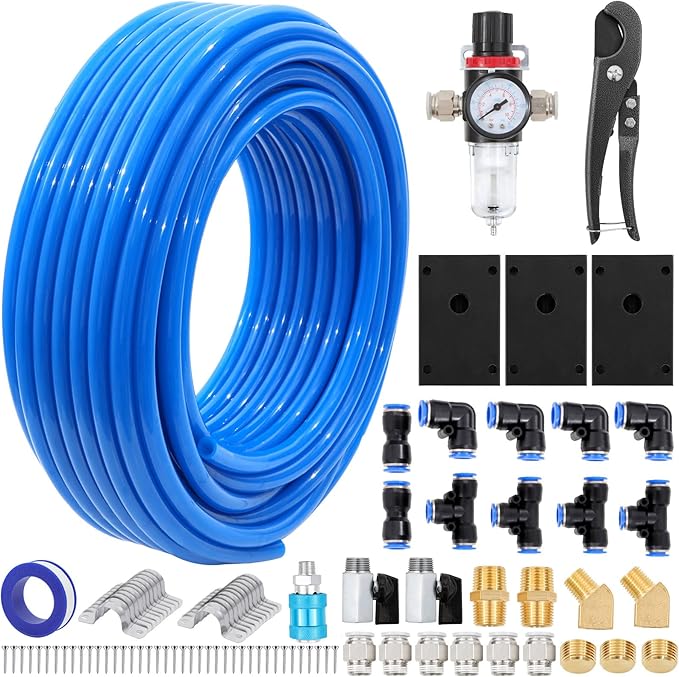 Shop Air Line Kit,Blue 1/2 Inch 100ft PU Air Tubing Kit, Hose Air Line TubingOr Fluid Transfer Pneumatic tubing with Push to Connect Fittings