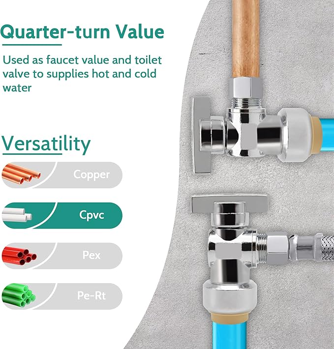 Angle Stop Valve 5 Pack,1/2" Ptc X 3/8" Compression Water Shut Off Valve,1/2 Inch Pushfit X 3/8 Inch OD Compression Angle Shut Off Valve with Disconnect Clip,Pex, Copper,Cpvc,PE-RT,Brass
