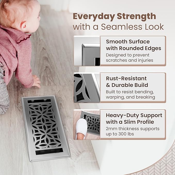 Floor Register 4x10 Vent Cover – Heavy-Duty Steel, Rustproof & Walkable Grates, Easy Drop-in Install, Adjustable Air Supply Switch - Decorative Floral Design, Brushed Nickel