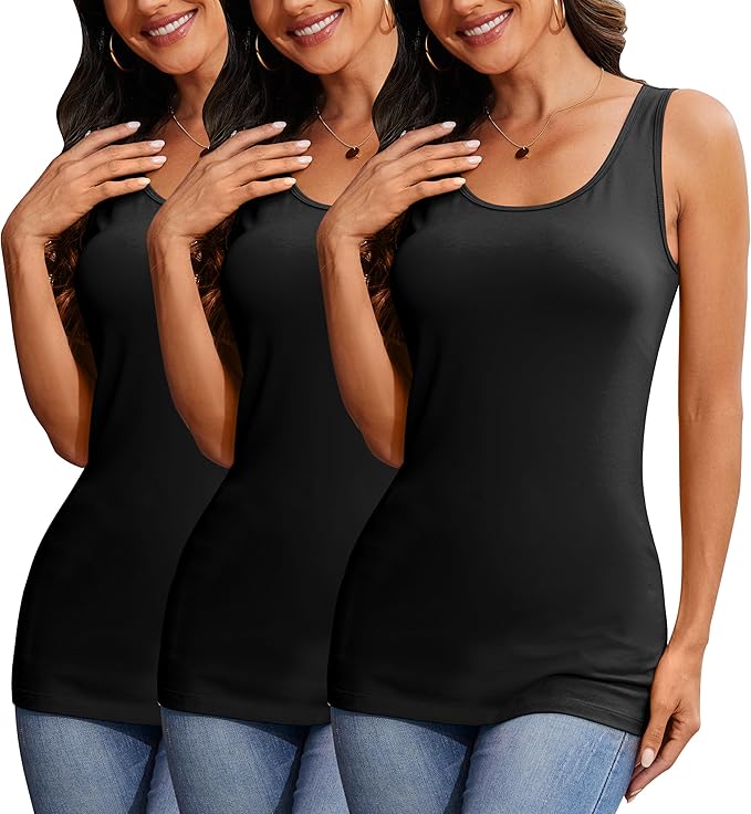 H HIAMIGOS Womens 3 Packs Long Tank Tops Stretchy Cotton Sleeveless Camisole Undershirts Layering Workout Yoga Camis