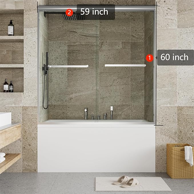 59" W x 60" H Sliding Shower Door with 1/4" Clear Tempered Glass, Aluminum Alloy Frame & Space Saving Bypass Design for Bathroom,Brushed Nickel