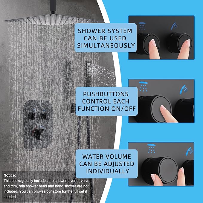 Matte Black 2-Way Thermostatic Shower Diverter Valve Kit - Solid Brass, Adjustable Flow, Temperature Control Mixer Valve - Perfect for Bathroom Renovation