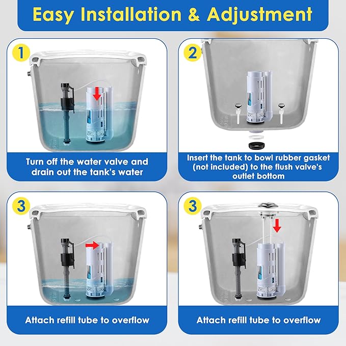 Saillong 2 Pack 2 Inch Universal Toilet Tank Replacement Kit, Include Dual Flush Valve with Push Button, Toilet Fill Valve, Bowl Gasket and Plastic Bolts, Tank Parts Replacement for 2-Piece