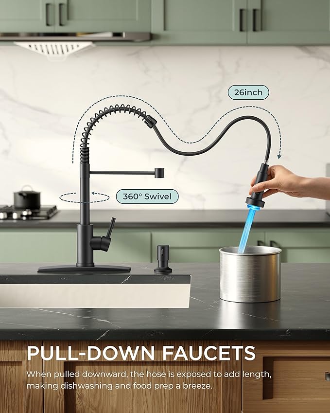 FORIOUS LED Kitchen Faucet with Pull Down Sprayer Black, Modern Single Handle Stainless Steel Commercial Spring Sink Faucet with LED Light for Pot Filler, Farmhouse Camper Bar Laundry Room