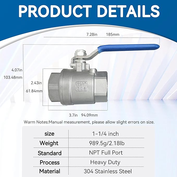 2 Pack Full Port Ball Valve 1-1/4 NPT 304 Stainless Steel 2 - chip ball valve Female Heavy Duty WOG1000 for Water，Oil，Gas with Locking Devic (1-1/4", 2)