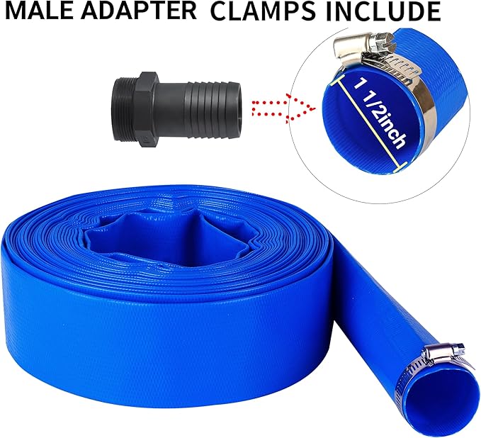 1-1/2" (Flat 2.6’’ width) x 100 FT Pool Backwash Hose Kit with Male NPT Adapter, Blue Reinforced Pool Drain Discharge Hose for Swimming Pool Filter Pump,with 2 Clamp and Thread Seal Tape