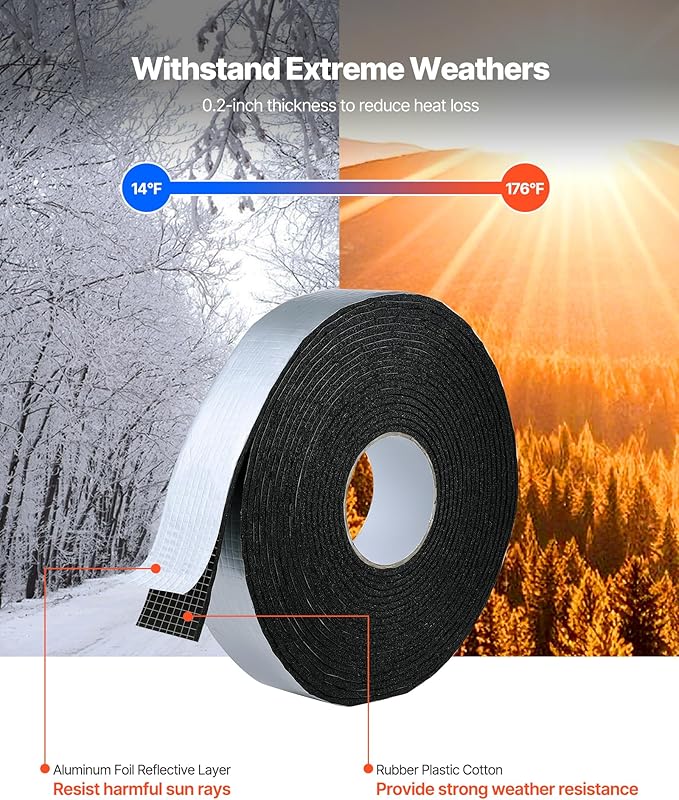 VEVOR Pipe Insulation Wrap, 32.8 FT x 2-inch Pipe Insulation Tape with Aluminum Foil Layer, Self-Adhesive Foam and Foil Pipes Wrap for Freeze Protection, Heat & Cold Resistant for Outdoor Indoor Use