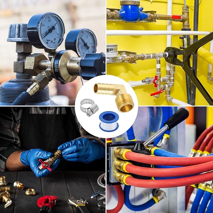 uxcell Brass Hose Barb Fitting, 1/2" x 1/2" NPT 90 Degree Elbow Hose Connector with Hose Clamps for Water Fuel Gas Oil Transportation