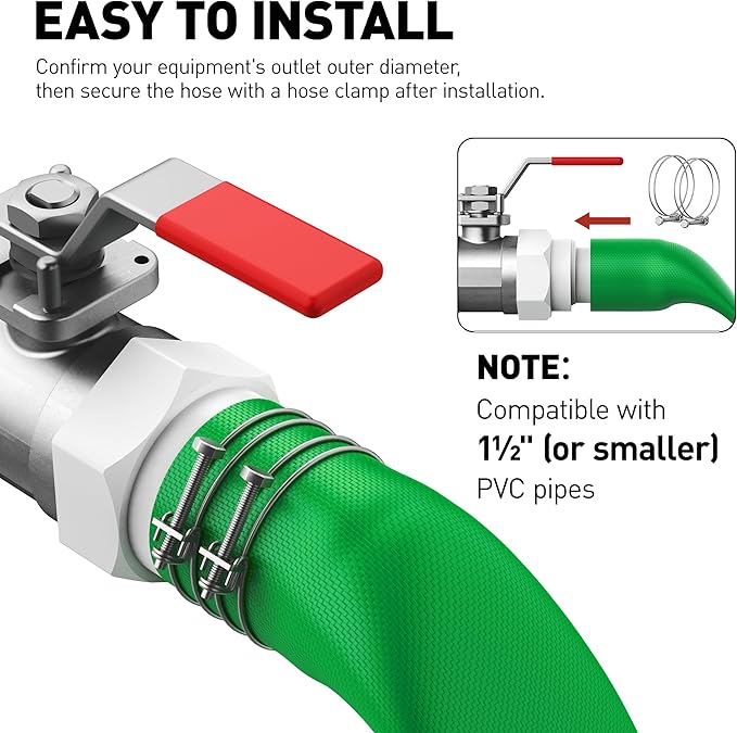 Pool Backwash Hose 1½" x 100', Heavy-Duty PE Backwash Hose for Pool Filter – Includes 2 Clamps, Weatherproof & Burst Resistant for Water Transfer, Sump Pump, Pool Drain, Sand Filter (Green)