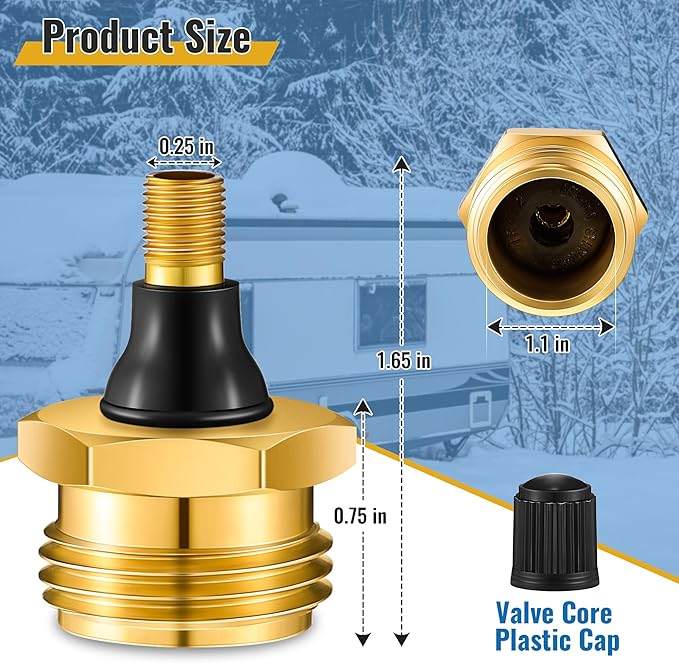 2 Pcs Brass Blow Out Plug for RV Antifreeze, Air Hose Compatible with Schrader Valve to Blow Out RV Water Lines, Winterization Valve for Campers, Motorhomes and Travel Trailers