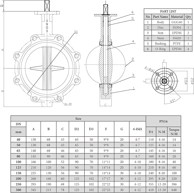 UNOX (DN150) Lug Type 6 inch Butterfly Valve – AISI304 Stainless Steel Disc, EPDM Gasket, PN16 Pressure – Industrial Grade Flow Control Valve - Durable Construction