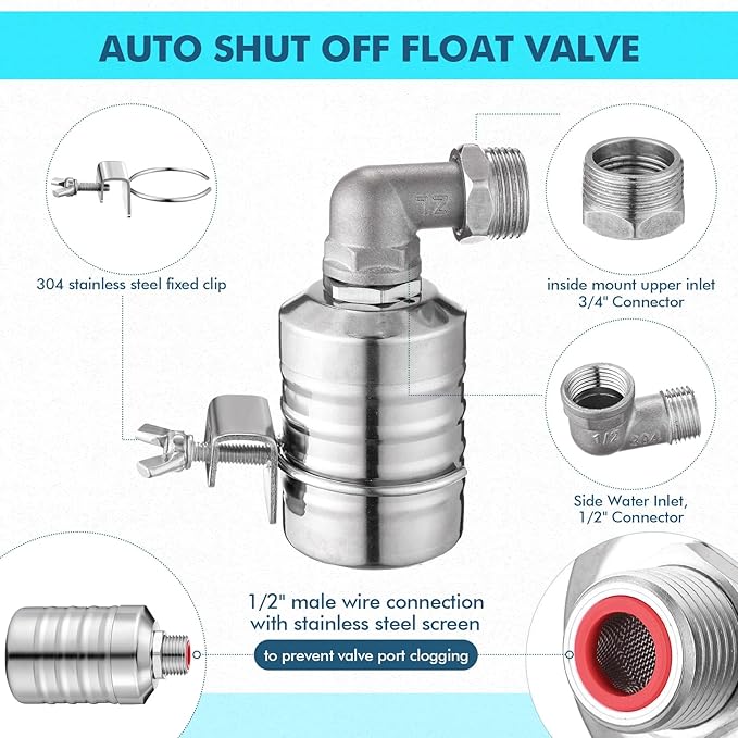 4 Pack Water Float Valve 1/2" to 3/4'' Auto Shut off Water Tank Float Valve 304 Stainless Steel Fully Automatic Level Control for Pool, Livestock Troughs (Classic Style)
