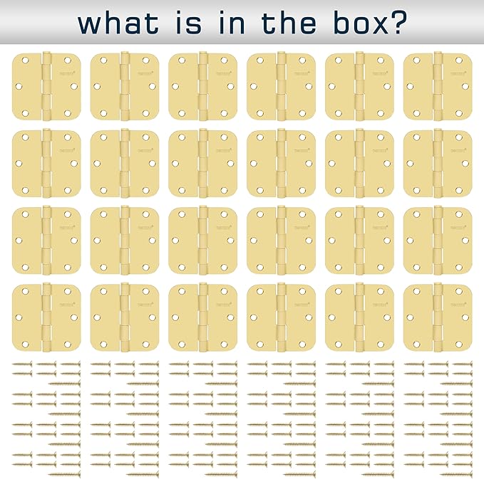 24 Pack Polished Gold Door Hinges 3.5 Inch, 5/8" Radius Rounded, Standard Residential for Doors 3 ½",Sturdy Hinges, Interior Hinges