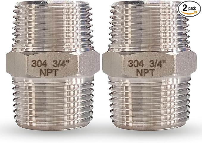 3/4" Male x 3/4" Male Hex Nipple Pipe Fittings, 304 Stainless Steel 3/4 inch NPT Male Threaded Pipe Adapter Fittings Equal Nipples Connectors, Male Straight Connector Pipe Fitting (3/4“, 2pcs)