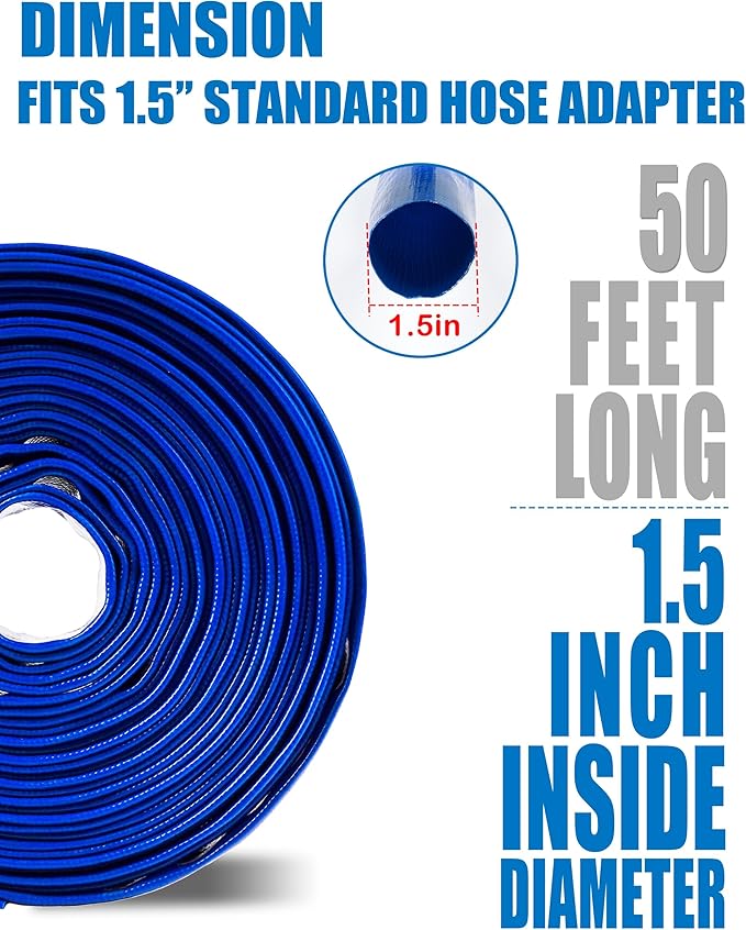 ZYfire Pool Backwash Hose with 2 Clamps - 1-1/2" x 50 FT PVC Lay Flat Discharge Hose Heavy Duty Reinforced Pool Hose Weather and Burst Resistant for Pool Drain, Sump Pump, Pool Filter