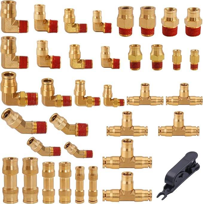 37Pcs Brass DOT Air Brake Line Fittings Assortment Kit 1/4" 3/8" 1/2" Push to Connect Fittings Air System Repair Kit for Truck, Air Brake Union 45 Degree & 90 Degree Male Elbow