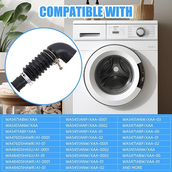 DC97-17345B for Samsung Washing Machine Drain Hose - Black rubber elbow with fixed bolt Replace DC67-00684A, DC97-17345A, DC97-17417A, AP6287099, PS12394402