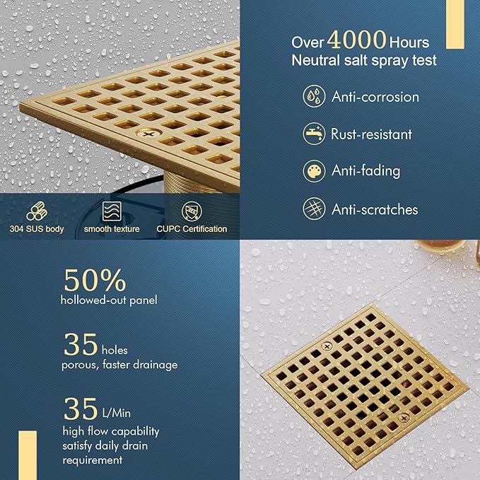 4-1/4" Square Shower Drain Kit - Champagne Bronze 304 Stainless Steel Low Profile Floor Drain with ABS Flange & Hair Catcher (Fits 2"/3" Pipes, Gold Finish)