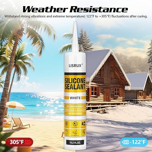 White Advanced Silicone Caulk, 100% Waterproof Silicone Sealant Indoor Outdoor Caulking for Window, Door, RV, Roof, Auto & Marine, Kitchen, Bathroom, Glass,15.2 oz（6-Pack） No Odor