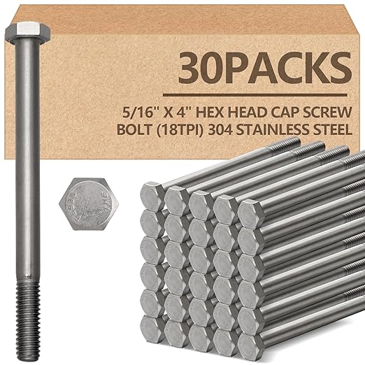 30 Pack 5/16-18 x 4'' Hex Head Cap Screw Bolt 304 Stainless Steel Half Thread External Hex Drive Screw Bolt Fastener for Wet Outdoor Metal Framing Concrete Reinforcement Railing Trellises