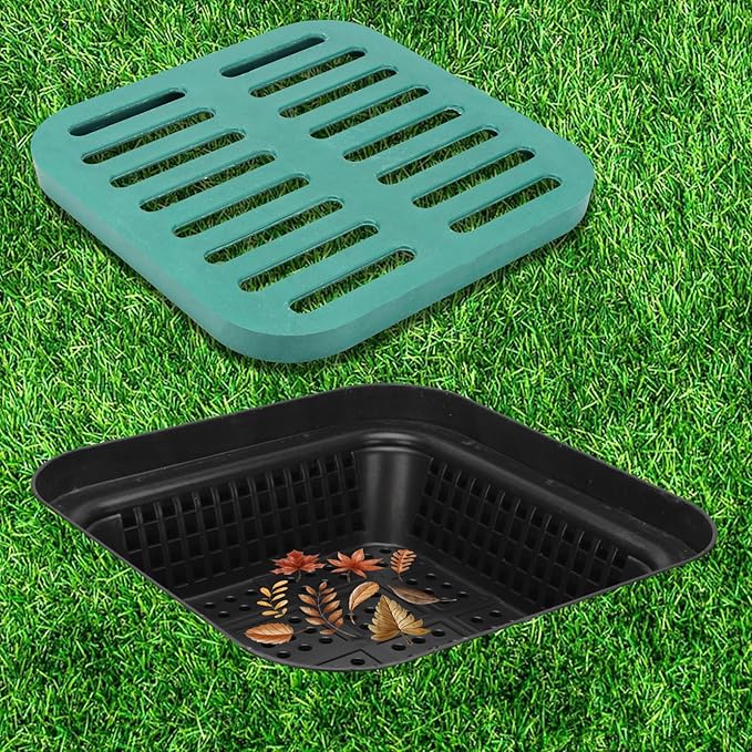 15x15x15 in Catch Basin with Fiber Glass Grate for Drainage, Large Drainage Basin with Debris Basket, French Drain Basin Strainers Without Reserved Hole for Yard, Downspout, Municipal Pipeline