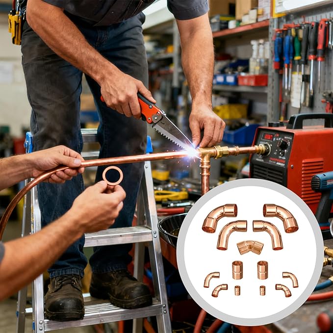 3/8 & 3/4 HVAC Copper Fittings Kit, Lines Set Fitting Kit for AC with Copper pipe Coupling & Elbow, Air Conditioning Refrigeration Liquid & Suction Lines Tubing Pipes for Central/Split A/C systems
