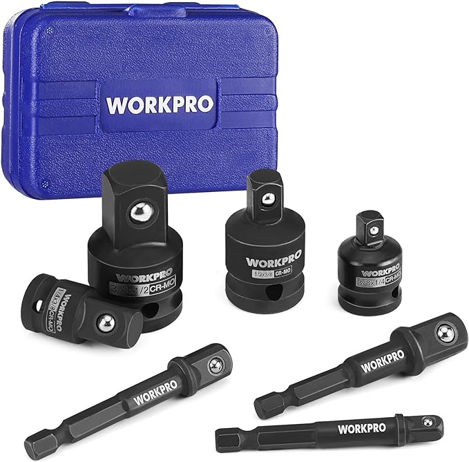 WORKPRO 7 Pieces Impact Socket Adapter Set, Includes 3 Pieces 1/4" Hex Shank Drill Extension Set (1/4", 3/8" and 1/2") and 4 Pieces Impact Socket Adapter and Reducer Set