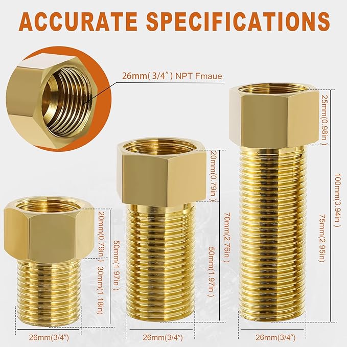 Extension Brass Fittings 3/4" Male Threaded Pipe Hex Bushing Adapter Converter Adapter, Female to 3/4" Copper Pipe Extension Connector Fittings Female Length 70 mm (3pc)