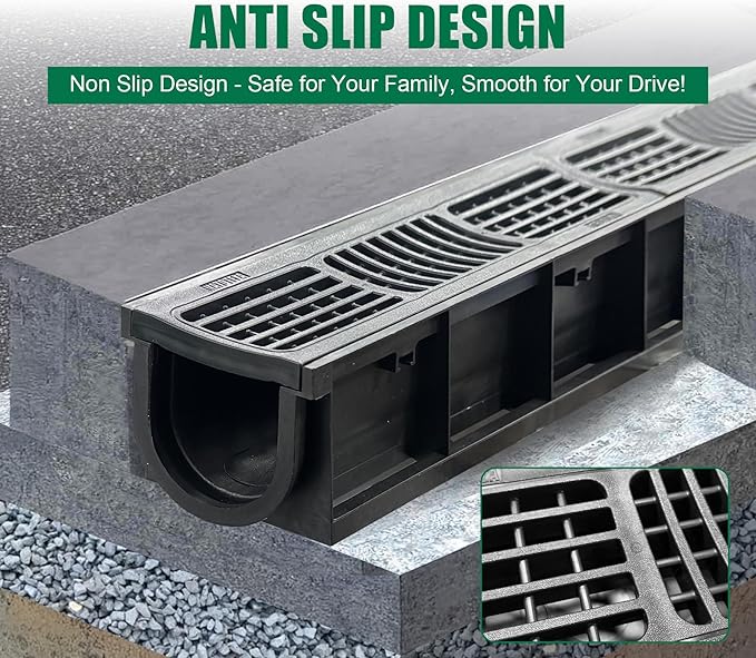 Driveway Channel Drain with HDPE Grate-39.4x6.1x5.5in Deep Profile Trench Drain System for Garage,6 Pack Total Length 236.22in,Heavy Duty Trench Drain for Parking Lot,Concrete