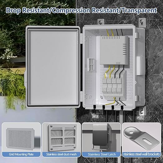 Electrical Junction Box, Ventilated Design, Cable Grommets, Indoor/Outdoor Use with Mounting Panel & Hinged Cover. Waterproof IP 65. (Grey Cover, 15"x11"x5.1")