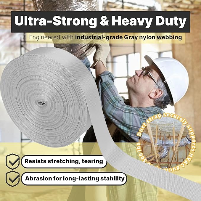Heavy Duty Duct Strap – 1.95 in x 49 ft Grey Nylon Strapping for HVAC Duct, Durable Wrap Support Band for Building & Home Improvement