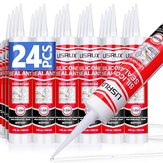 Clear Advanced Silicone Caulk & Sealant, 10Oz Cartridge, 100% Waterproof RTV Silicone Sealant for Kitchen and Bathroom, Shower, Toilet, Sink, Window and Door, Shrink & Crack Proof, 24 Pack