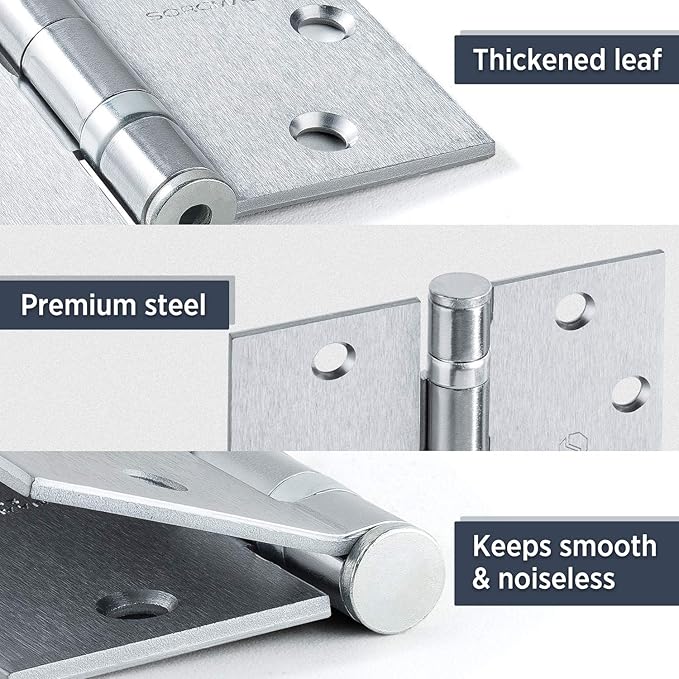 Satin Chrome 4.5 Inch Commercial Hinges Square Radius Corners Brushed Silver Door Hinges 4 ½"x 4 ½" Ball Bearing Door Hinges for Interior Exterior Door - 3 Pack