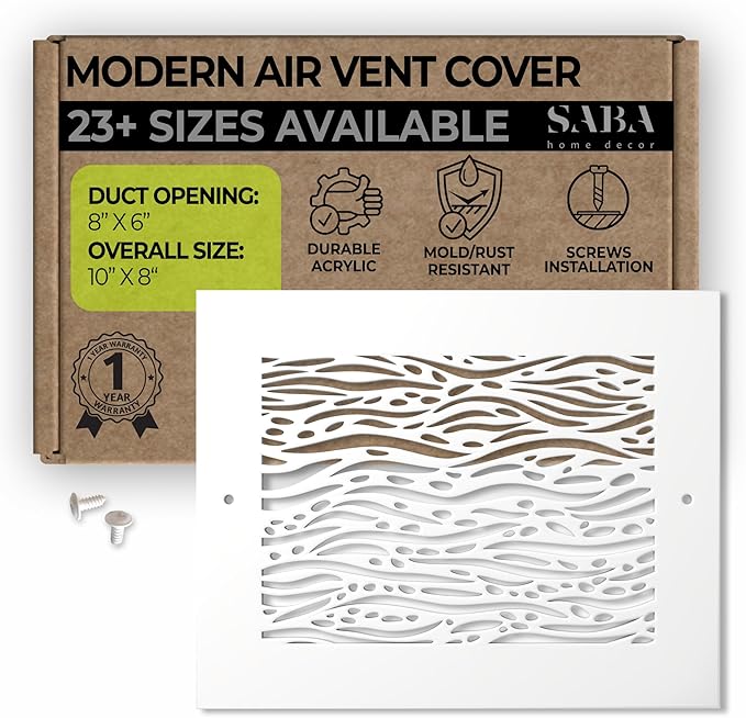 SABA Home Decor White Air Vent Cover - Acrylic Plexiglass 6" x 8" Duct Opening (8" x 10" Overall) Return Grille Decorative Covers for Walls & Ceilings NOT for Floor USE, Waves