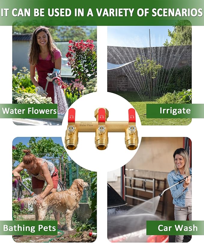 3 Way Hose Splitter, Heavy Duty Full Flow Garden Water Hose Bib Spigot Splitter, Brass Rust and Freeze Resistant Outdoor Faucet Splitter, T Adapter Connector with 3/4 - Inch GHT Thread （Red）